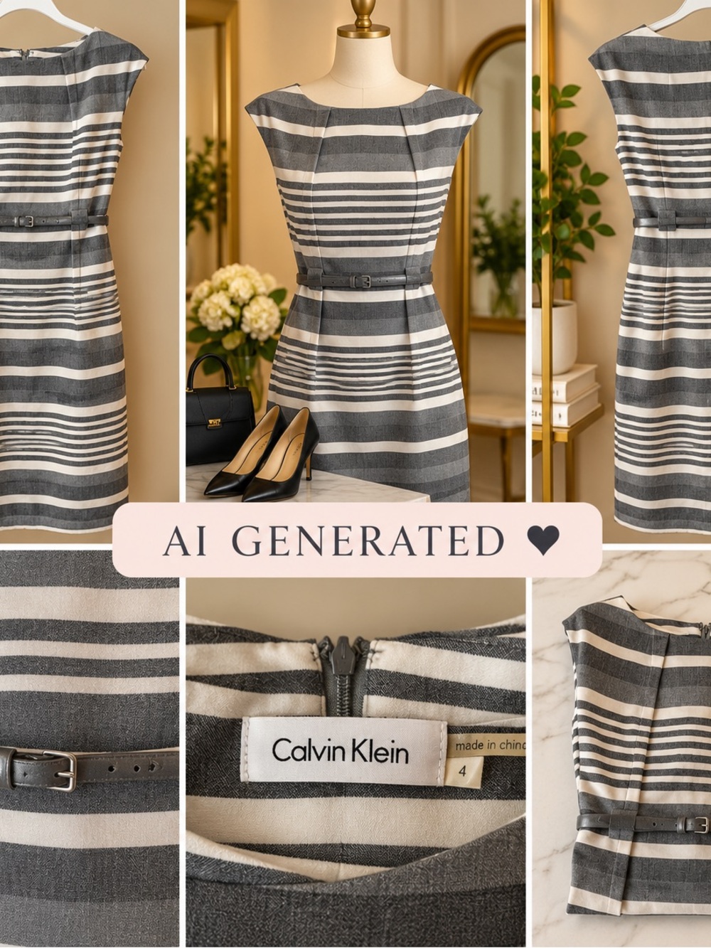 Calvin Klein Striped Belted Sheath Dress | Gray & White | Size 4
